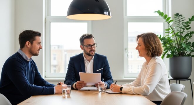 Three business professionals discussing documents around a table - Powered by Adobe