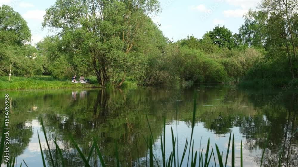 Poster people are relaxing and spending quality time by a serene lake, surrounded by tall grass and vibrant