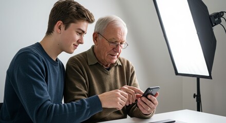 elderly man looking at his cell phone and being assisted by a teenager, location in a park with a little empty space for writing, bright white light background, beautiful and professional camera captu