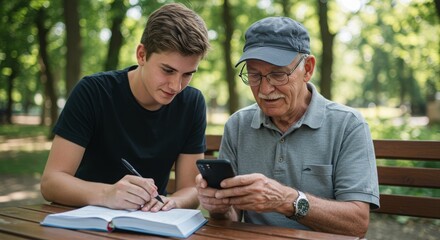 elderly man looking at his cell phone and being assisted by a teenager, location in a park with a little empty space for writing, bright white light background, beautiful and professional camera captu