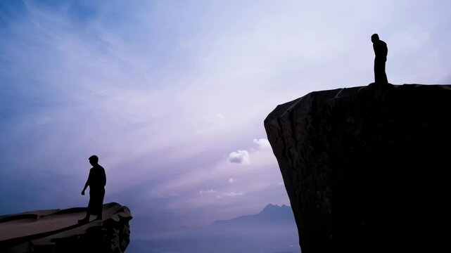 Silhouette of man and woman on opposite sides of a cliff across an abyss. Overcoming challenges and spiritual division footage.