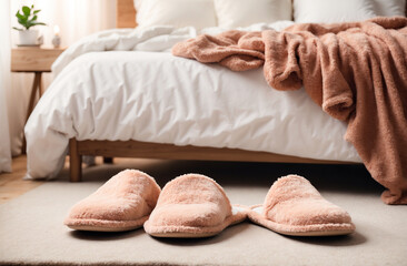 Comfortable Pair of Slippers Resting on a Cozy Rug by the Bed