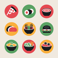 vector icons cooking food chef hat include a pizza slice, a sushi roll, spaghetti and meatballs, a curry bowl burger , fish 
