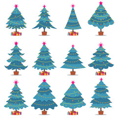 Decorative blue Christmas trees adorned with colorful ornaments, festive decorations, and gifts beneath, perfect for holiday celebrations and seasonal joy can be used for printed materials and for web
