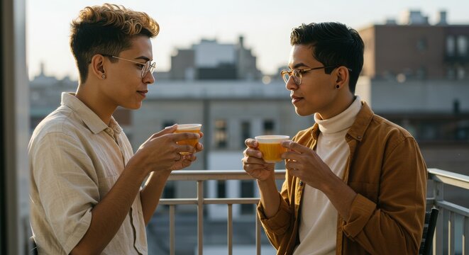 Non-binary couple sipping tea on the balcony, on the roof terrace, warm afternoon, candid moment