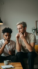 Queer friends practicing drama at home, in a modern living room, emotional and honest expression