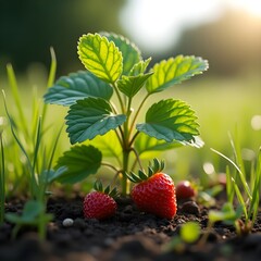Close-Up of Strawberry Plant with Few Ripe Fruits and Textured Leaves in Grass &ndash; 16K Realistic Garden Scene Wallpaper"