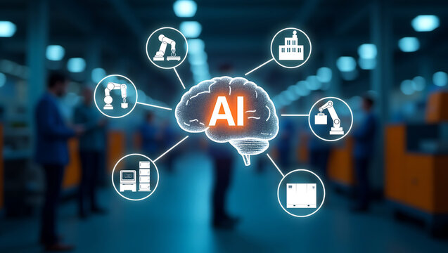 Artificial intelligence brain concept connected to industrial automation icons like robots and factories in a modern facility