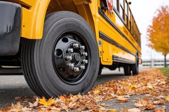 Close-up of a bus tire on fallen autumn leaves, a yellow bus parked on the side, ready for students. - Powered by Adobe