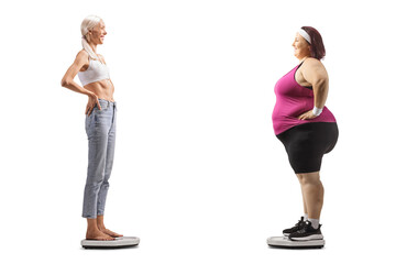 Slim and overweight woman standing on weight scales