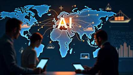 Business professionals collaborate using digital tablets while analyzing a global network map with ai integration and shipping routes