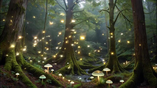 Enchanted Forest with Glowing Mushrooms and Fireflies