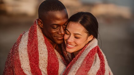 Happy Couple Embraced in Warmth Wrapped in American Flag at Beach Sunset
