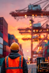 Obraz premium Worker monitoring operations at busy container port