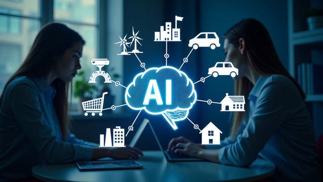 Two people collaborate on a laptop visualizing ai s integration with various sectors like smart homes transportation and industry