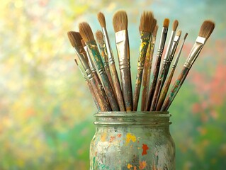 Paintbrushes in a Jar with Colorful Background for Art Projects