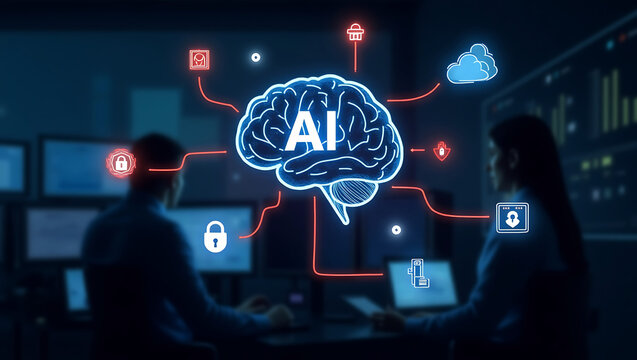 Artificial intelligence brain with glowing neon connections to cloud computing data security and user interface icons in a modern office setting
