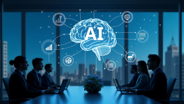 Business professionals in a modern conference room collaborate on artificial intelligence strategies with glowing brain and data icons