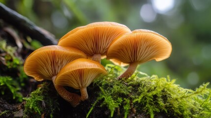 Harmony of nature, vibrant mushrooms growing on moss covered log in peaceful forest