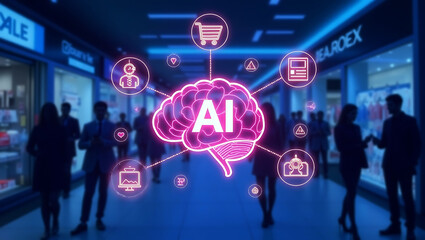 Artificial intelligence brain with glowing neon icons representing technology and commerce in a modern shopping mall