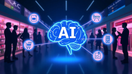 Artificial intelligence brain connecting with icons representing shopping data and business operations in a modern retail environment