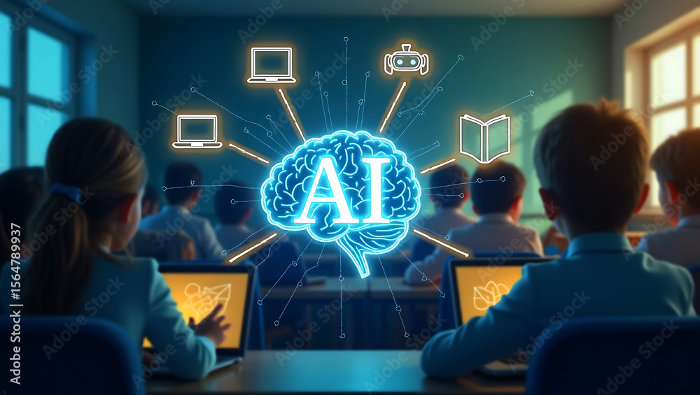 Wall mural children learning about artificial intelligence and technology in a modern classroom setting with gl