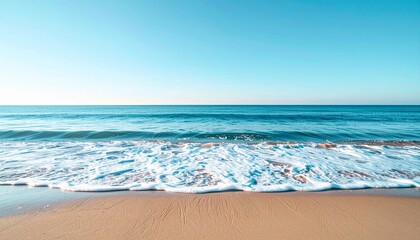 "Tranquil Beach Scene Where Calm Waves Meet a Sandy Shoreline, with an Uncluttered Horizon Ideal for Adding Inspirational Text or Visual Branding"