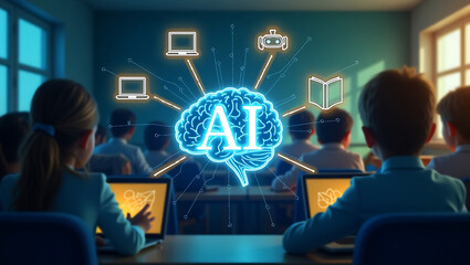 Children learning about artificial intelligence and technology in a modern classroom setting with glowing icons