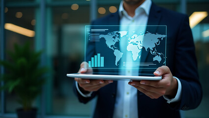 Businessman holding a tablet displaying a futuristic holographic interface with a world map and financial charts