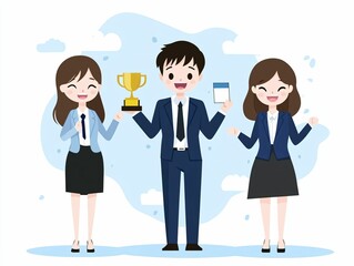 Celebrating Achievement with Trophy and Team in Business Environment