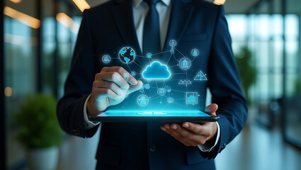 Businessman interacting with a glowing digital network of cloud computing and data analytics icons on a tablet