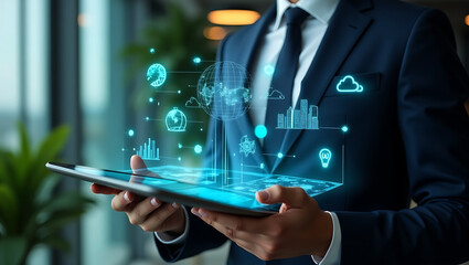 Businessman interacting with a futuristic holographic interface displaying global data and business analytics on a tablet device