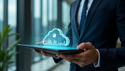 Businessman holding a tablet displaying a glowing blue cloud icon with financial data and charts representing cloud computing and digital transformation