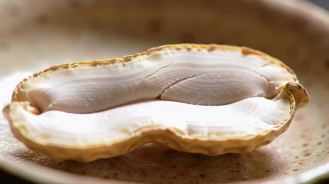 Open shell with creamy interior on textured plate, extreme close-up