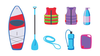 A collection of paddleboarding equipment including a board, paddle, and safety gear is displayed
