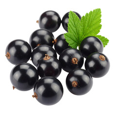 Ripe black currants with a green leaf isolated on a white background
