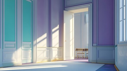 Fototapeta premium Sunlit Pastel Room Interior Design Turquoise and Lavender Walls