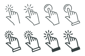 Vector illustration of a set of hand cursor icons — click and pointer gestures in various styles.