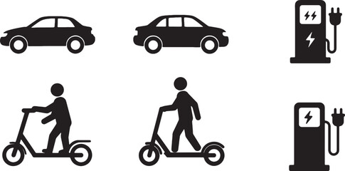 Electric Vehicle Icons Cars, Scooters, and Charging Stations