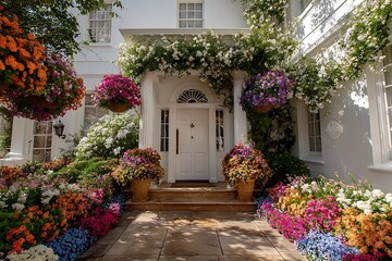 Obraz premium Colorful Flower Pots at White House Entrance for Summer Architecture 