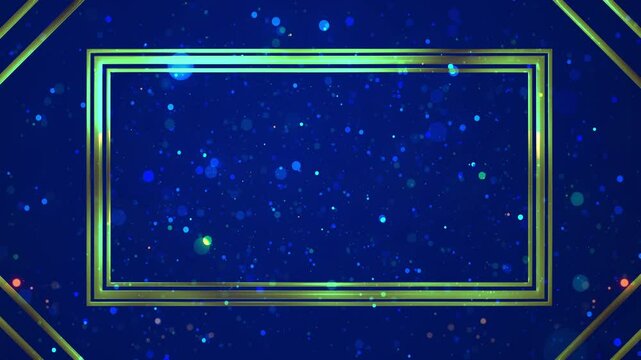 Gold shiny glittering metallic rectangle frame with magical particle trail 4K bg. Luxrious royal looking elegant award show, music fashion show backdrop. Glorious decorative minimalistic title opener.