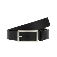 Classic black leather belt with silver buckle isolated on transparent background