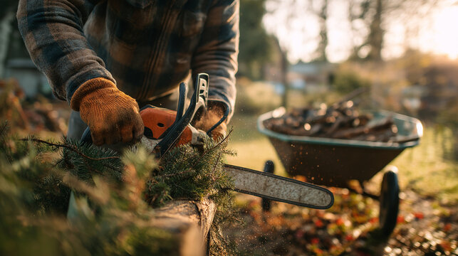 Worker cutting tree branch with chainsaw on rural property