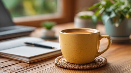 Cozy Minimalist Desk Scene with Laptop, Notebook, Coffee Cup, and Greenery