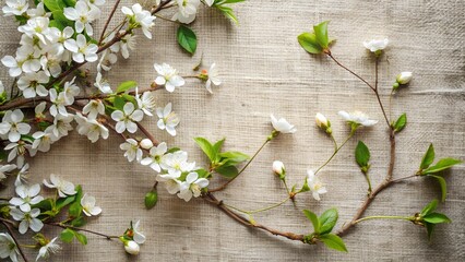 Delicate white cherry blossoms and green leaves arranged on a rustic wooden background