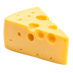 A healthy yellow piece or slice of dairy cheese with holes, isolated on a white background, perfect for a snack or gourmet breakfast