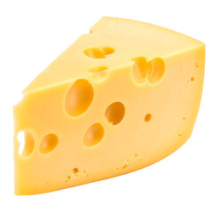 A healthy yellow piece or slice of dairy cheese with holes, isolated on a white background, perfect for a snack or gourmet breakfast