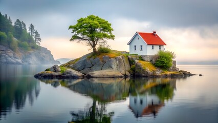 Fototapeta premium Tranquil white house with red roof sits on a rocky island in calm water
