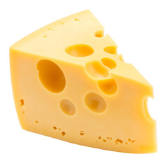 A healthy yellow piece or slice of dairy cheese with holes, isolated on a white background, perfect for a snack or gourmet breakfast