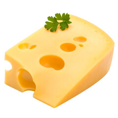A healthy yellow piece or slice of dairy cheese with holes, isolated on a white background, perfect for a snack or gourmet breakfast